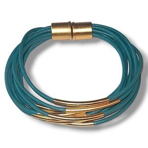 Turquoise Teal Multi-strand Faux Leather Matte Gold Tone Bracelet Magnetic Clasp